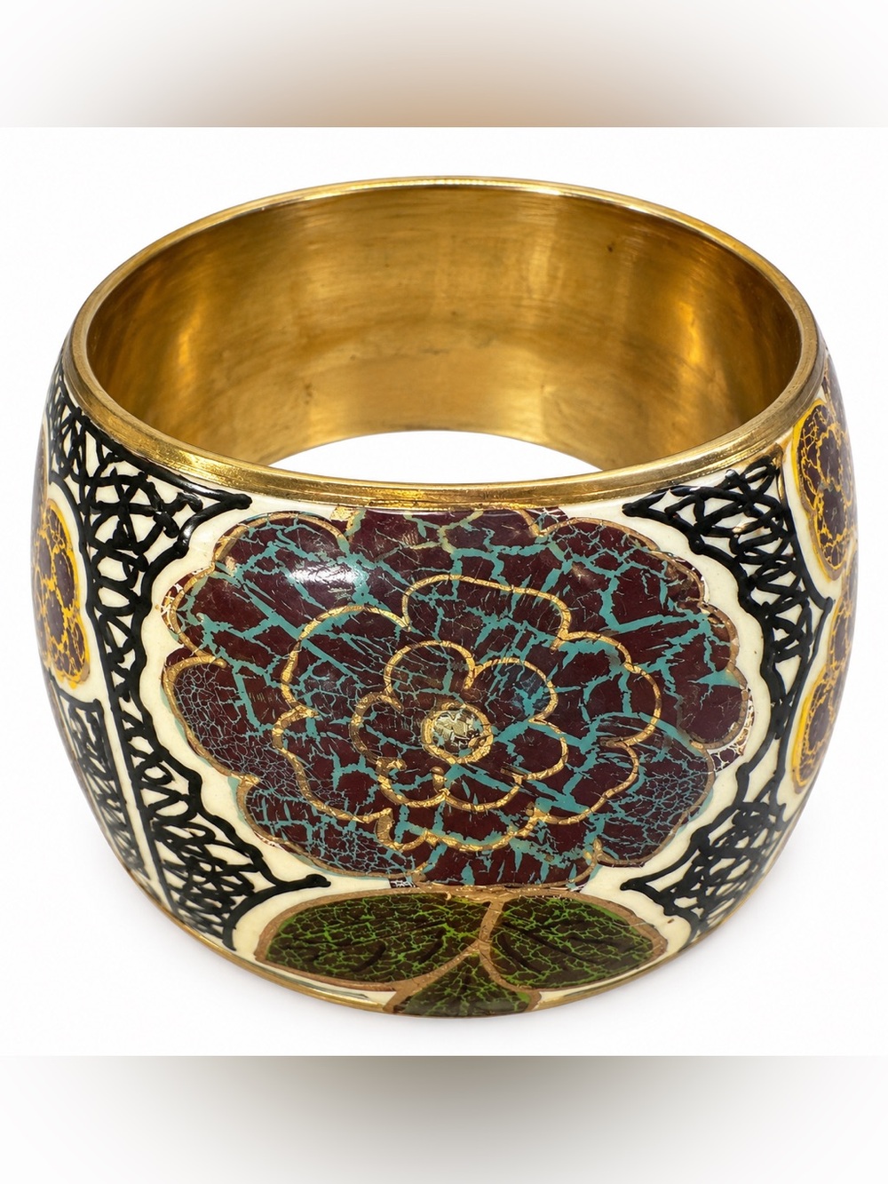 Wide Floral Statement Bangle Bracelet Gold Tone Crackle Enamel Made in India